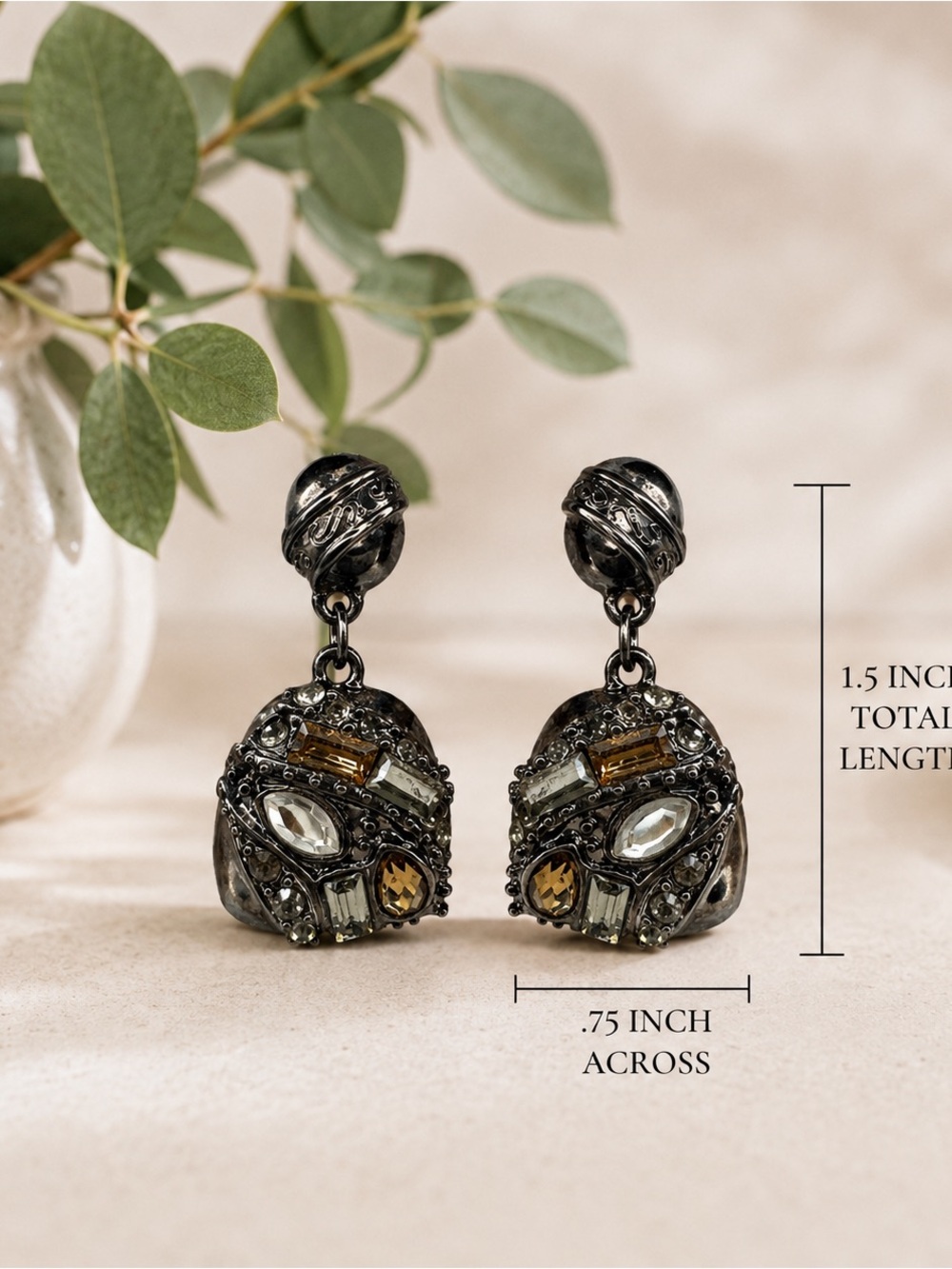 Chico's Gunmetal Drop Earrings with Champagne and Clear Stones